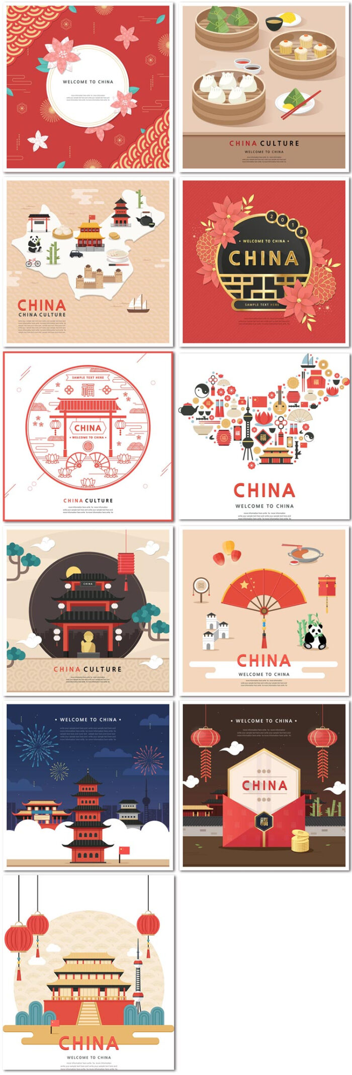 中国风旅游特色传统古建筑美食文化元素插画地图矢量设计素材模板