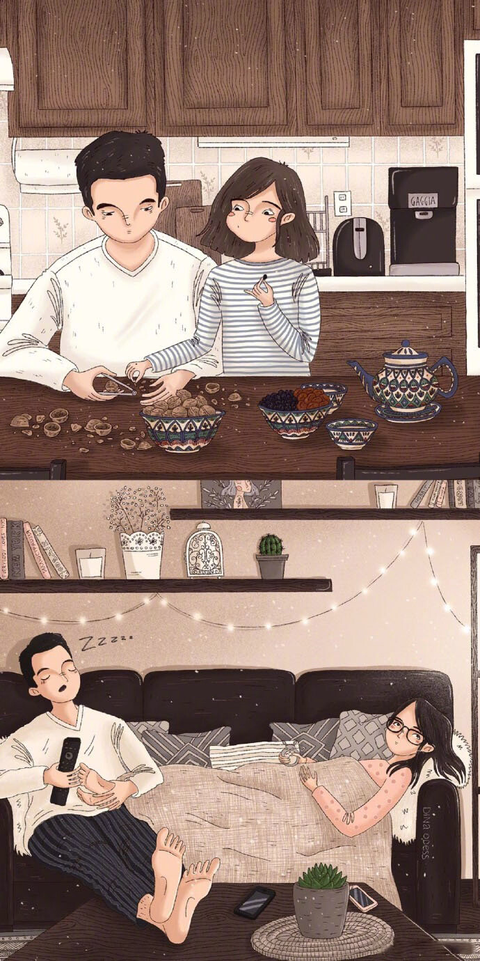 插画师 dina odess 描绘了"一屋两人三餐四季"的美好场景,真实又甜蜜!