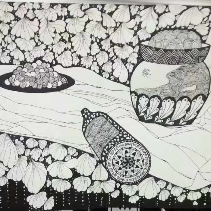 儿童装饰画,黑白插画,缠绕画,线描