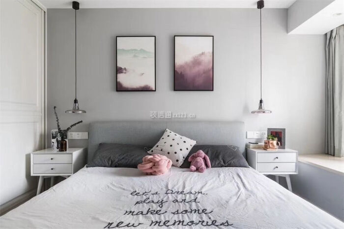 2018北欧风格卧室灰色床头背景墙设计图片
