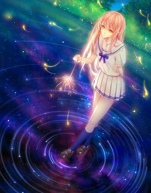 二次元 少女 橙发 金瞳 水手服 水上 梦幻 炫彩