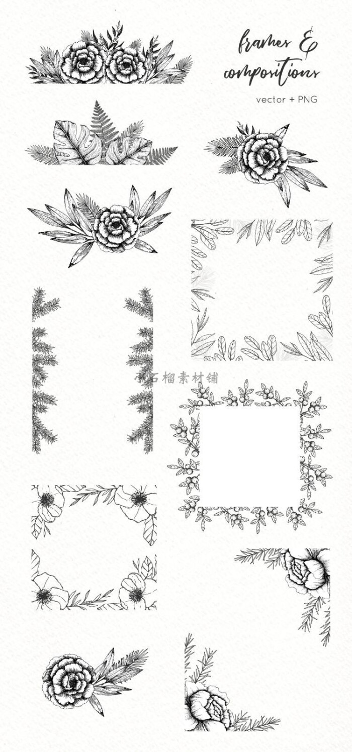 植物花卉黑白线稿素描简笔画装饰边框背景ai临摹设计素材ai373