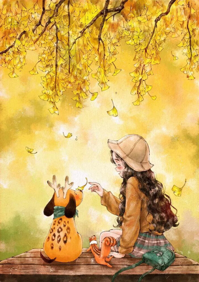 暖心的插画讲述了一个独居小女孩儿和长着鹿角的小狗在森林中互相陪伴