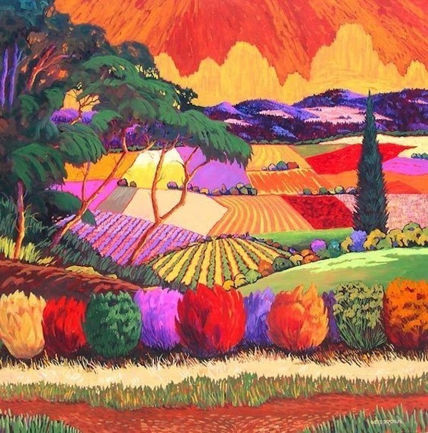 画家gene brown的田园画色彩鲜明,似天上彩虹坠落田间,将整片的田园染