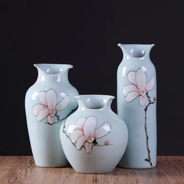 现代新中式三件套花瓶摆件景德镇陶瓷器干花器客厅家居工艺品摆件