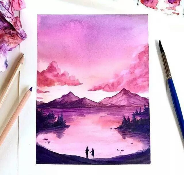 水彩手绘,梦幻的风景画,粉色的云朵