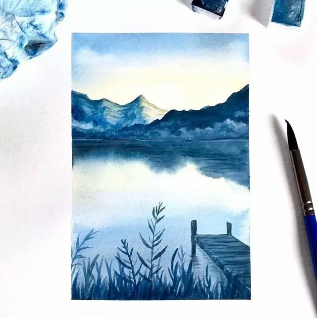 水彩手绘,梦幻的风景画,湖光山色
