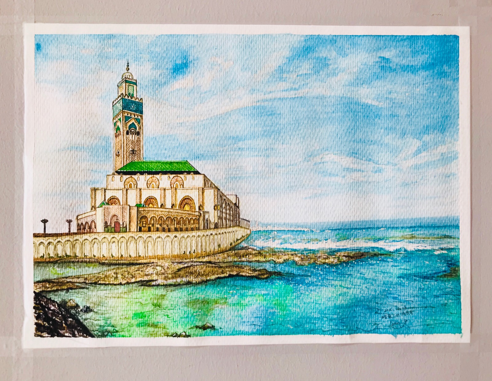 摩洛哥卡萨布兰卡-海边的哈桑二世清真寺 #水粉画