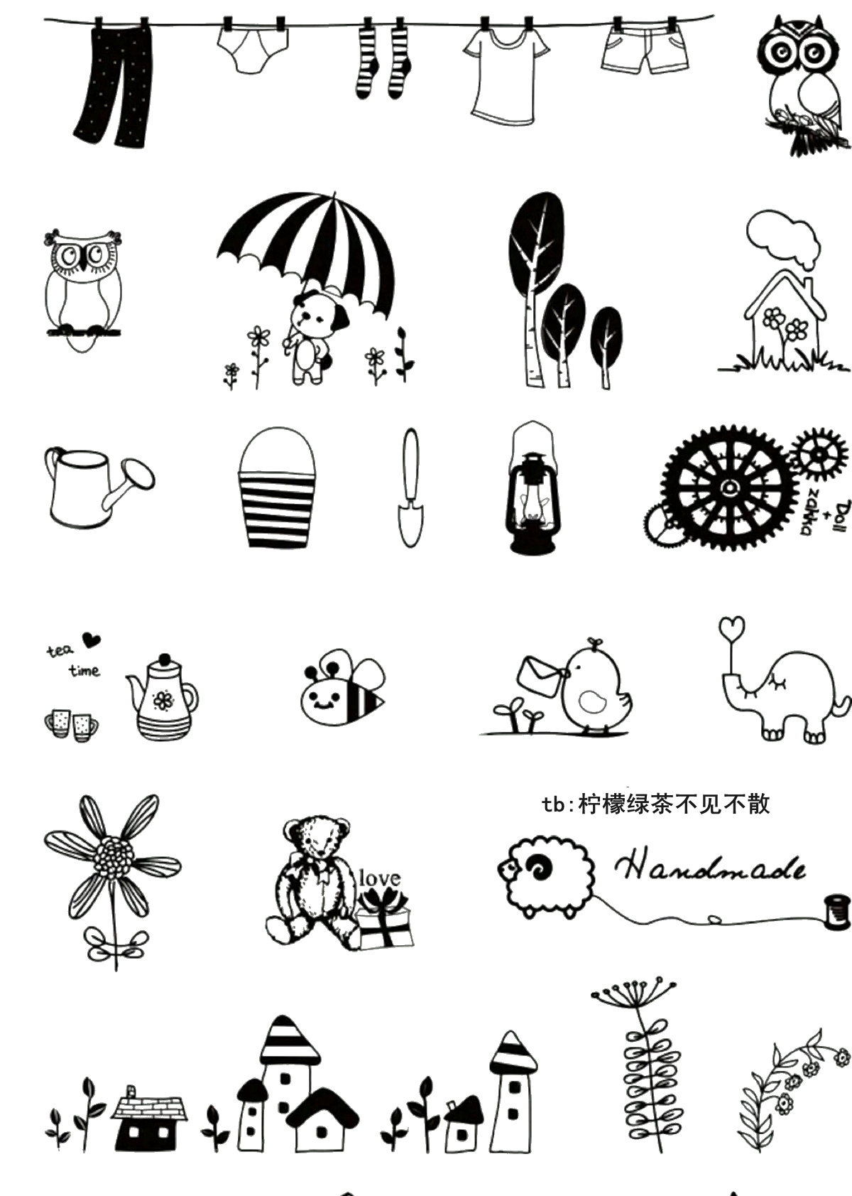 橡皮章 蜡笔画 装饰画 黑白线条 黑白素材 线描 小密集 动漫 手抄报