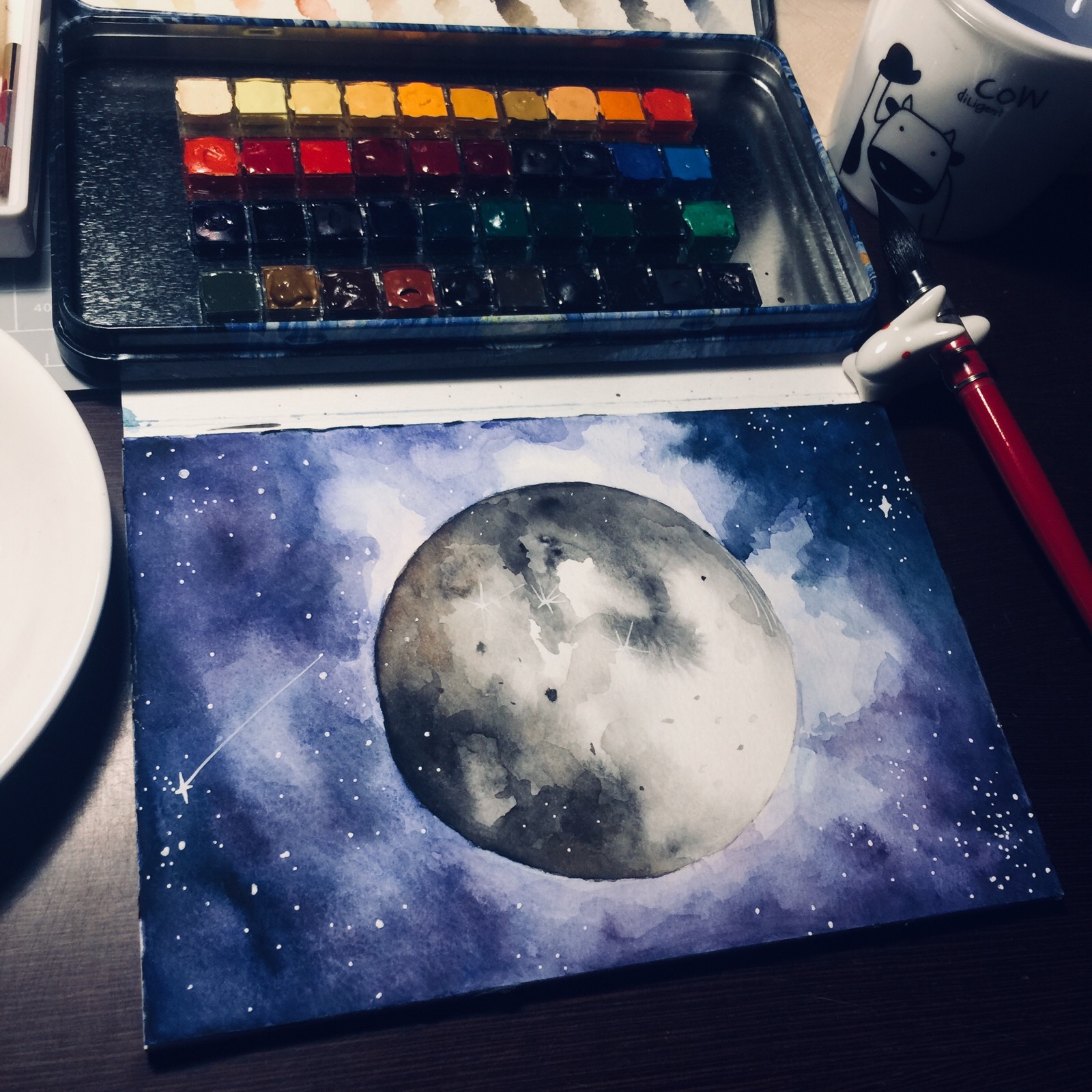 手绘 水彩 星空 月亮 星星