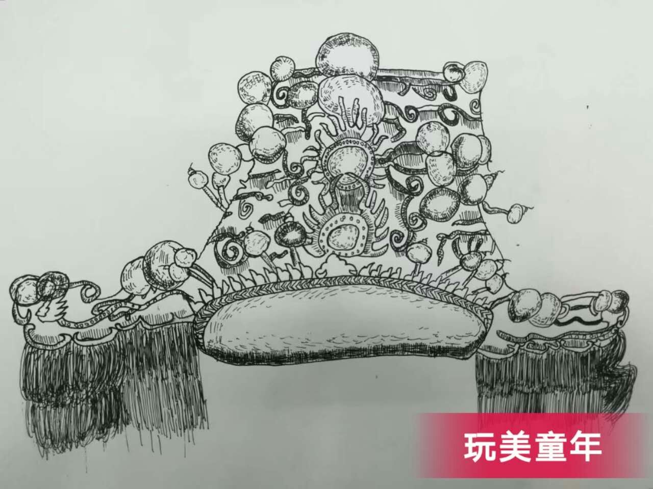 线描 儿童画 创意 装饰画 水彩笔 彩色 黑白 动物头冠 凤冠 霞帔 石雕