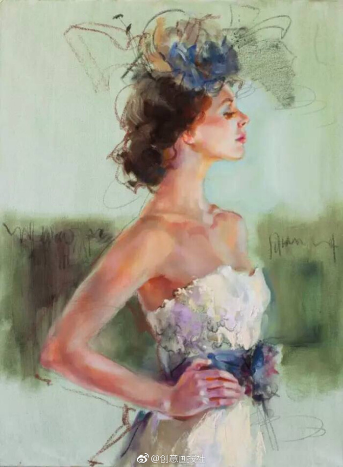的油画作品,她擅于女性的肖像画,作品中女子高贵优雅,深情和动作中透