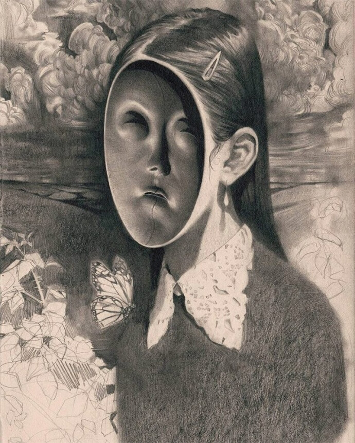 miles johnston的超现实女孩素描肖像画
