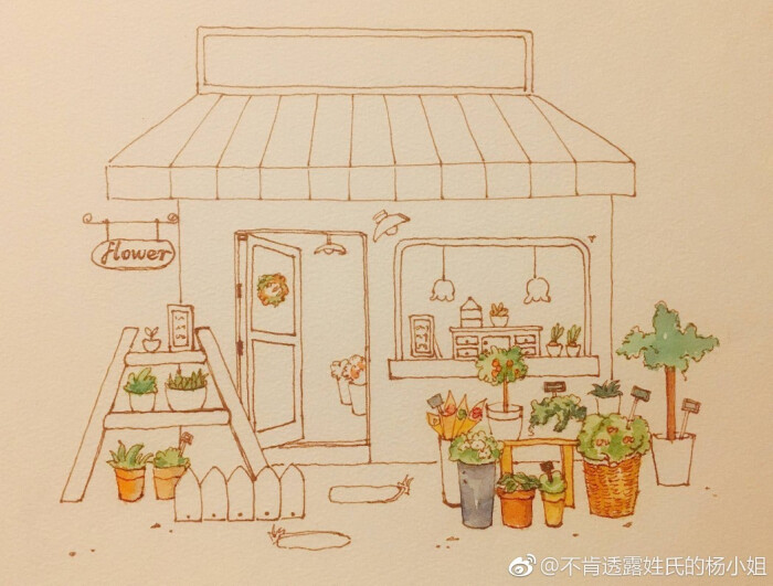 每日一画##水彩##钢笔淡彩# 花店 cr:@不肯透露姓氏的杨小姐