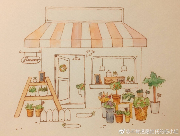 每日一画##水彩##钢笔淡彩# 花店 cr:@不肯透露姓氏的杨小姐