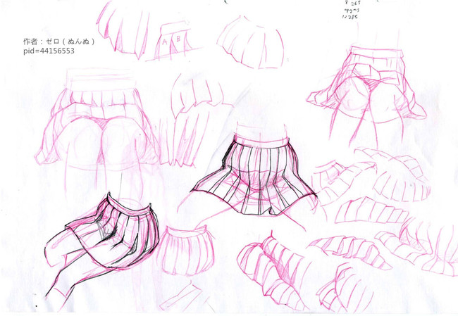 绘师ゼロ的一组百褶裙画法参考,不同动作下裙子的褶皱也会有不同变化