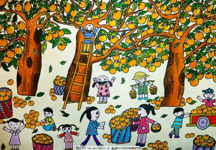 丰收果园 美术 绘画 儿童画 果树 水果 少儿 摘柿子 儿童画作品