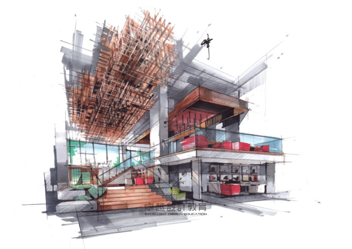 卓越手绘吕律谱老师最新作品 建筑设计 室内设计 手绘 马克笔绘图