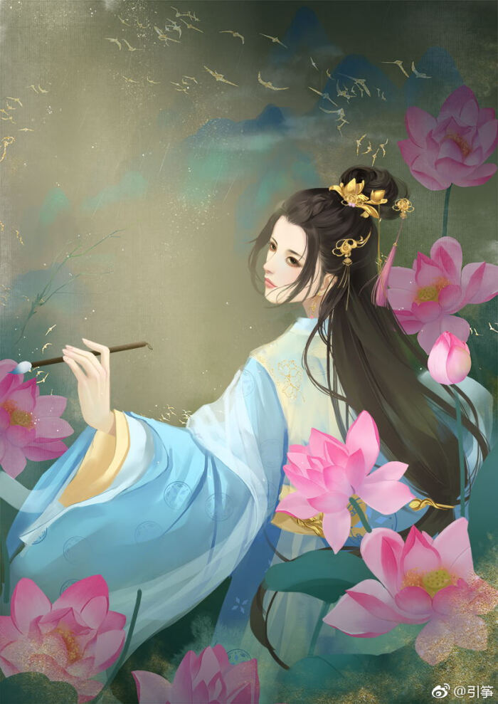 手绘古风持笔人物画师见水印