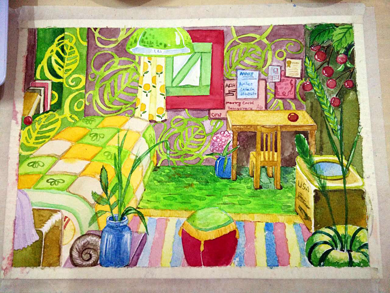 插画 阿莉埃蒂 卧室 水彩