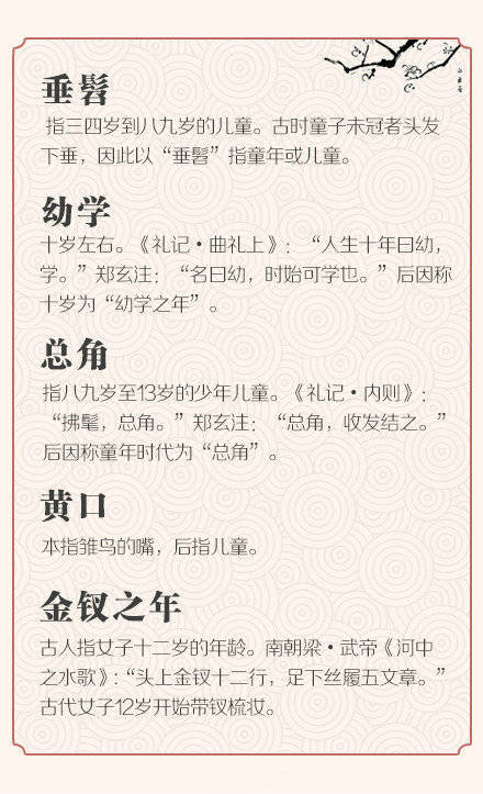 【古代年龄称谓①幼年:孩提,总角,垂髫②少年:豆蔻,及笄,束发③