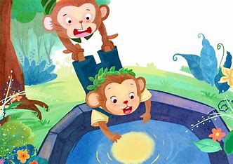 猴子捞月插画 儿童画