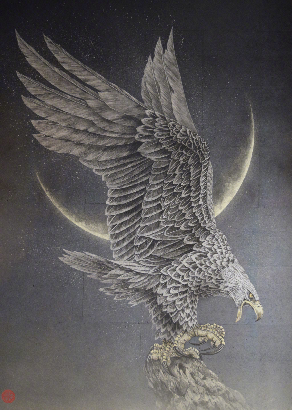 washi paper 日本画家将月光下的猫头鹰,龙,凤凰等飞禽走兽画在日本