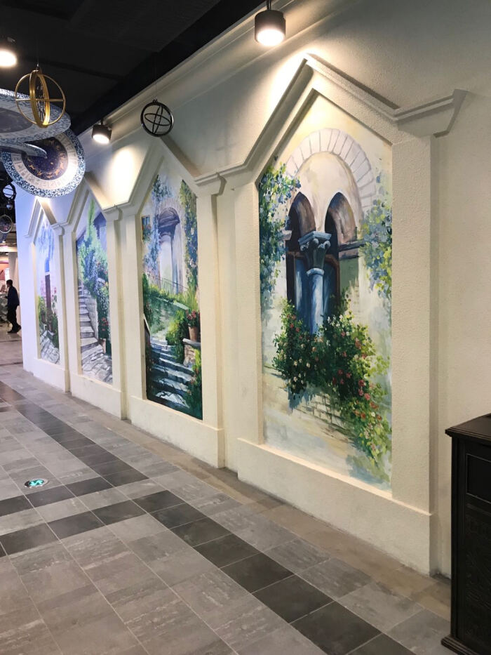 商场欧式街区公共空间彩绘壁画,威尼斯风情彩绘壁画,欧式风情手绘