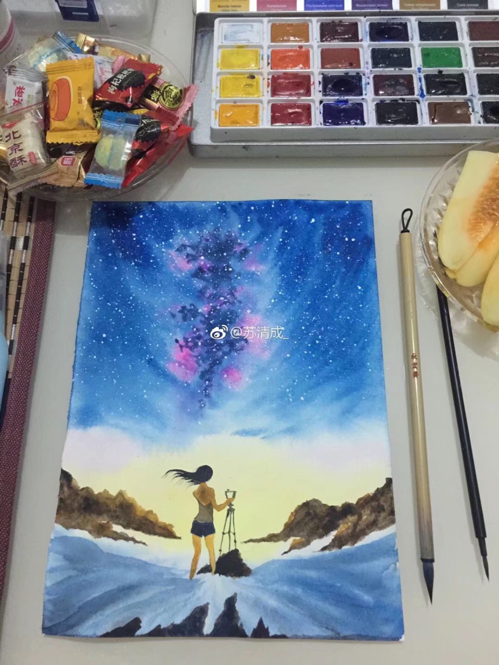 本人手绘水彩画鲸鱼 极光 麋鹿 古风 星空 美人鱼