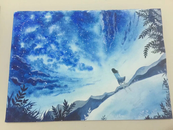 本人手绘水彩画鲸鱼星空古风麋鹿花鸟风景