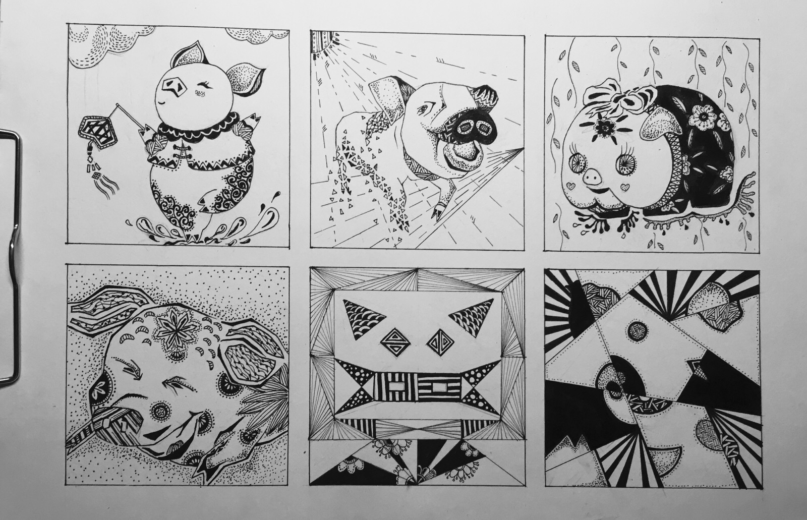 黑白装饰画 动物系列 猪 六个变形