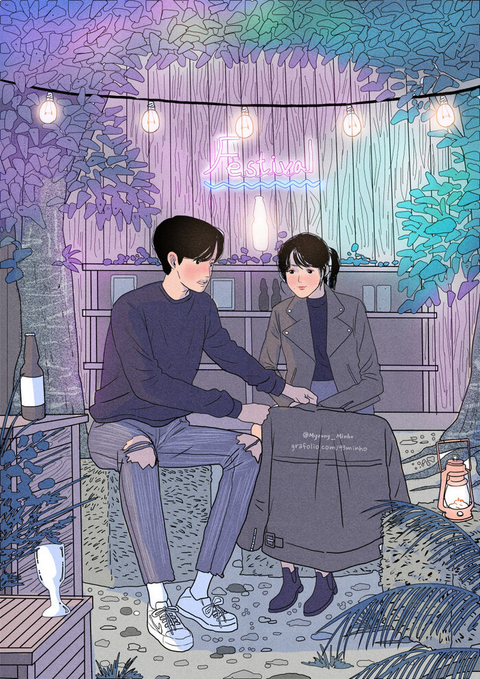 天气变冷,给你贴心的呵护 ~ 韩国画师myeong-minho情侣插画作品.