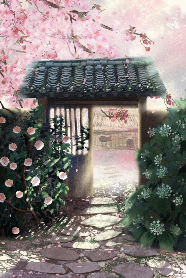 古风庭院,花草插画,古风背景图