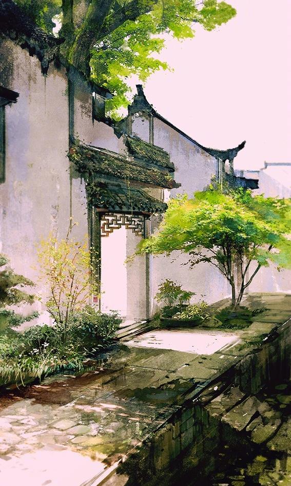 古风庭院,花草插画,古风背景图