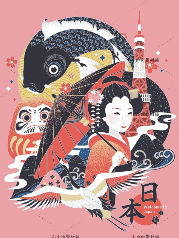 日本剪纸风招财猫旅游美食景点地图建筑海报ai矢量设计素ai399