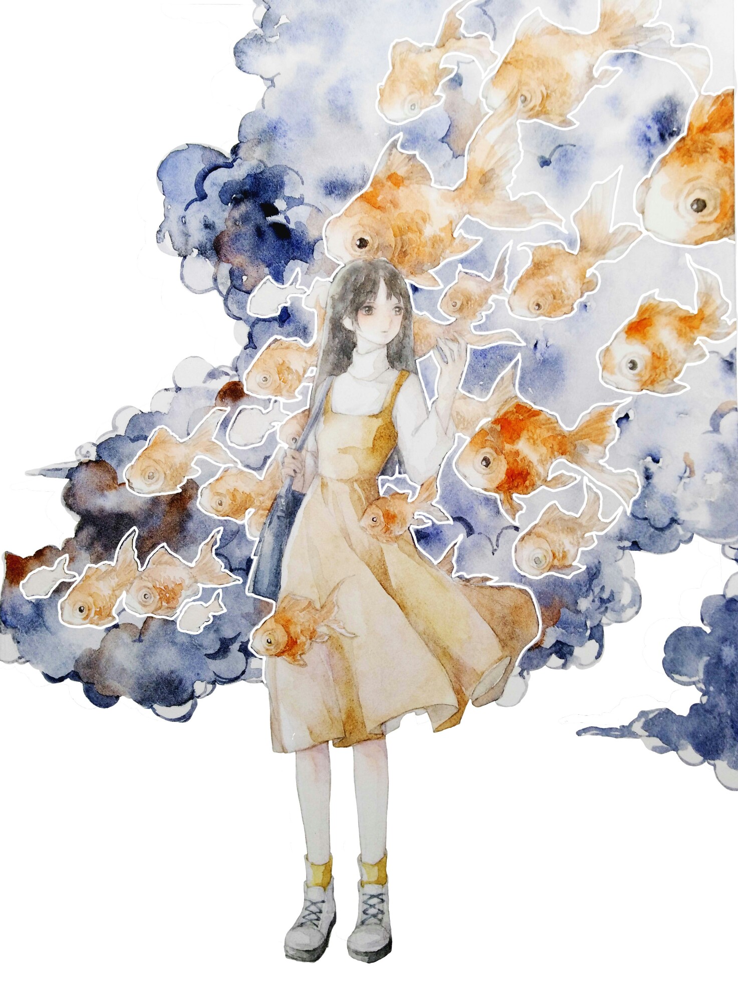 ▽ 水彩 少女 金鱼