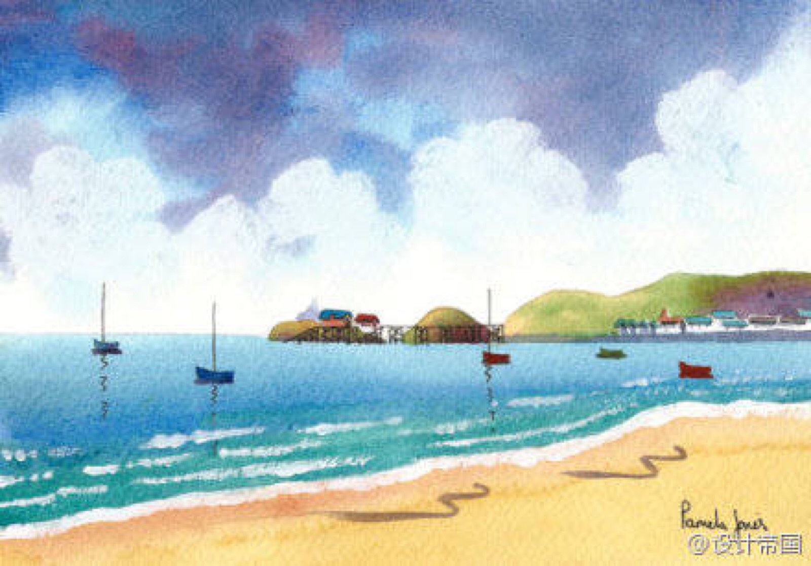 威尔士画家pamela jones的水彩风景画,因为他就住在海边,所以作品之中