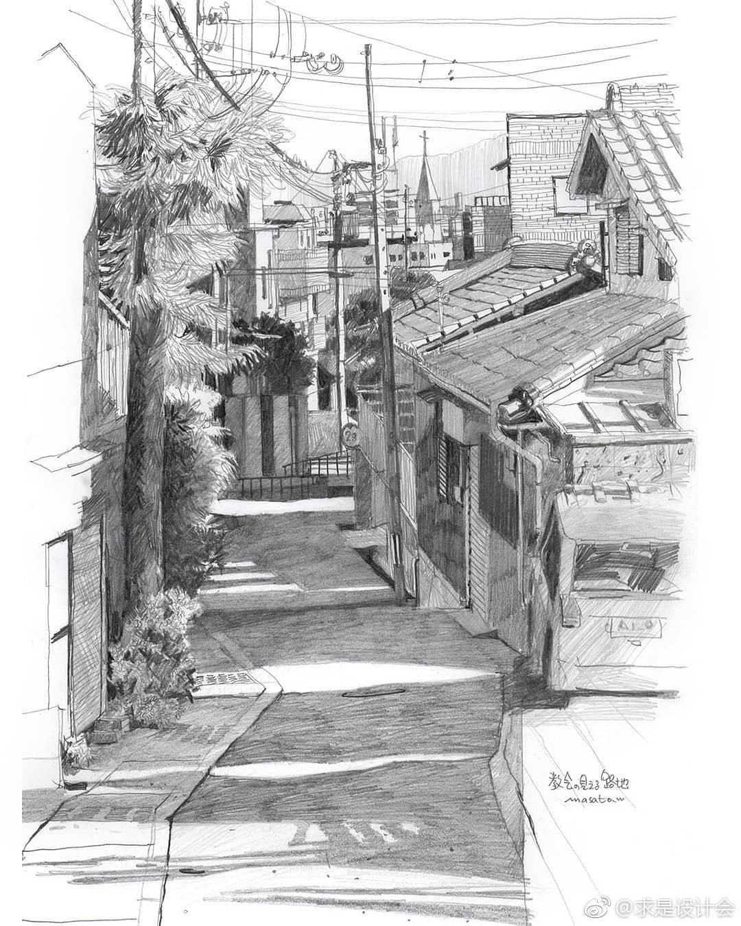 日本画家masato watanabe创作的铅笔街景速写.#求是设计会