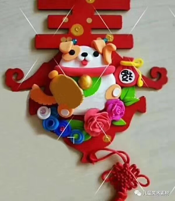 儿童画 黏土粘土 手工 新年春 挂件 猪年 灯笼 鞭炮 蘑菇 孔雀