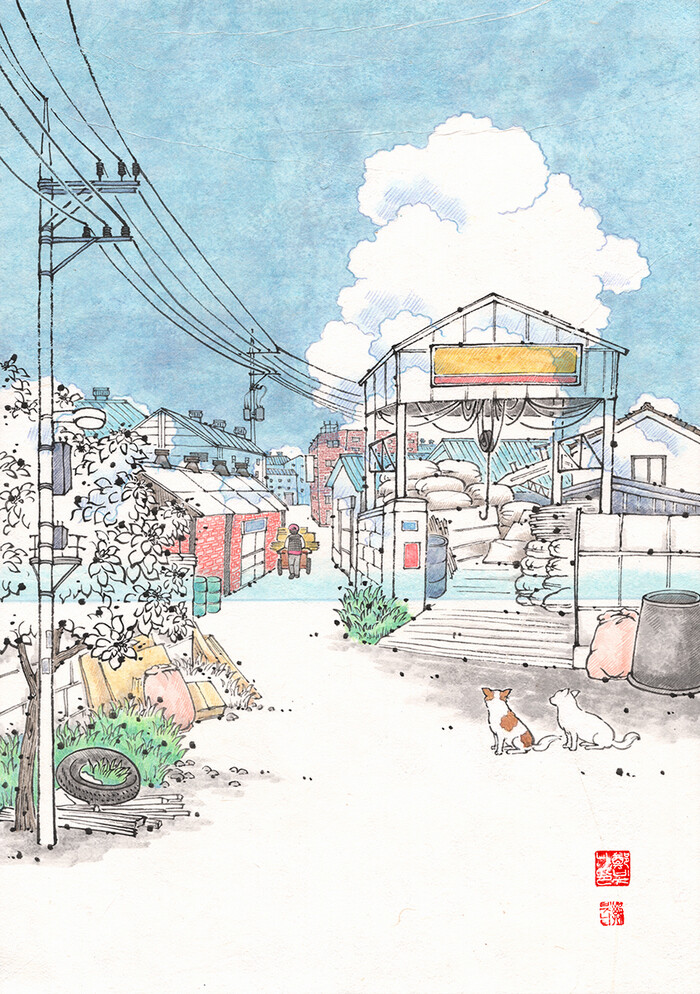 街道 场景 淡彩 插画 韩国画师binna1012作品