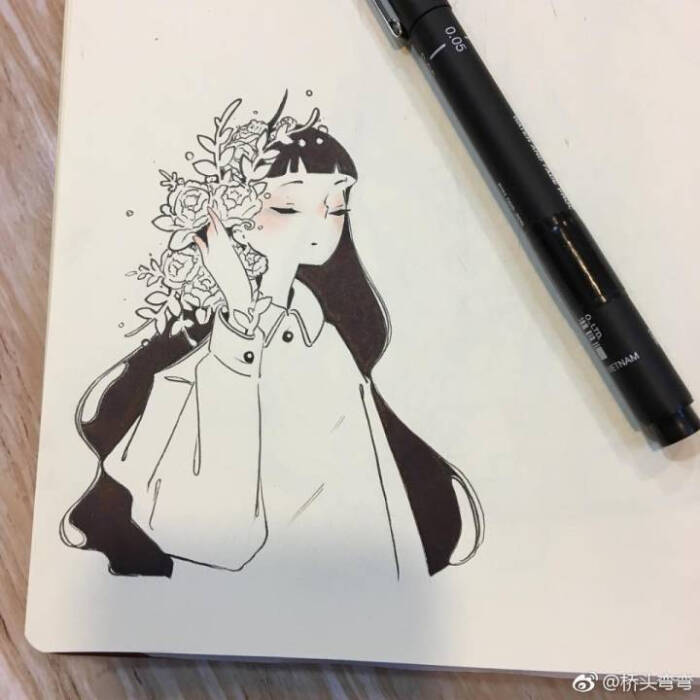 针管笔 手绘 人物细腻意境精致唯美笔记本上的绘画日本女孩:ikedda