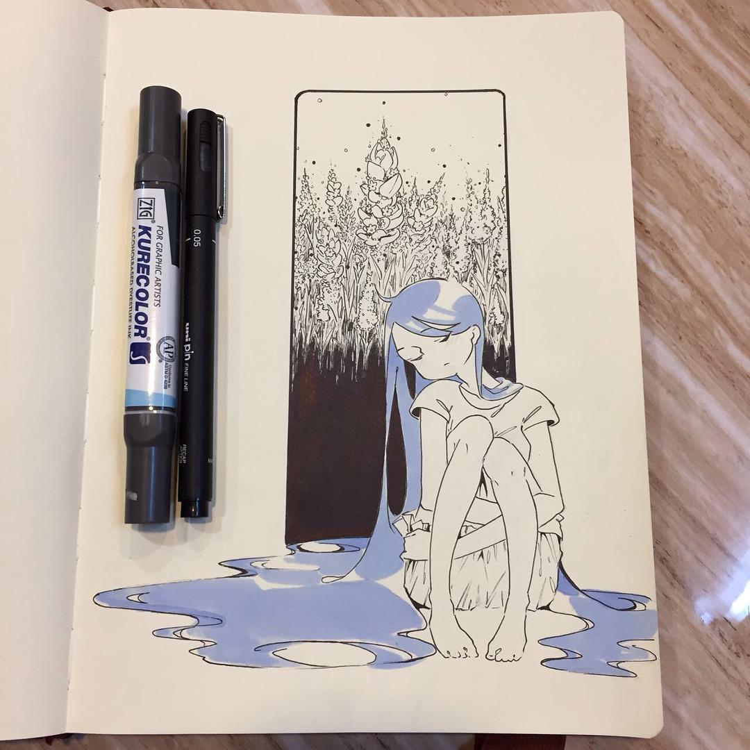 水彩 针管笔 手绘 人物细腻意境精致唯美笔记本上的绘画日本女孩:ik