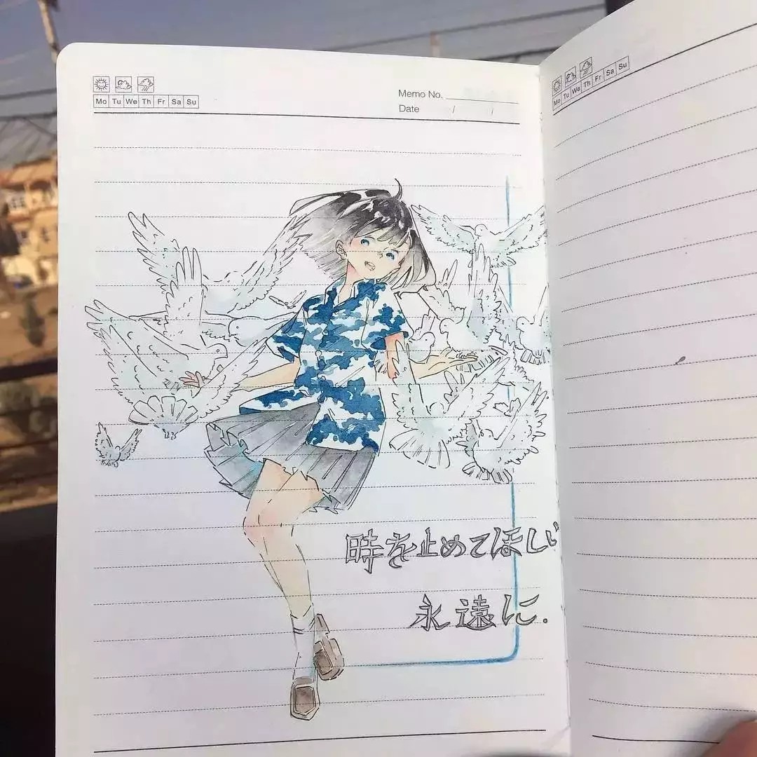 水彩 针管笔 手绘 人物细腻意境精致唯美笔记本上的绘画日本女孩:ik