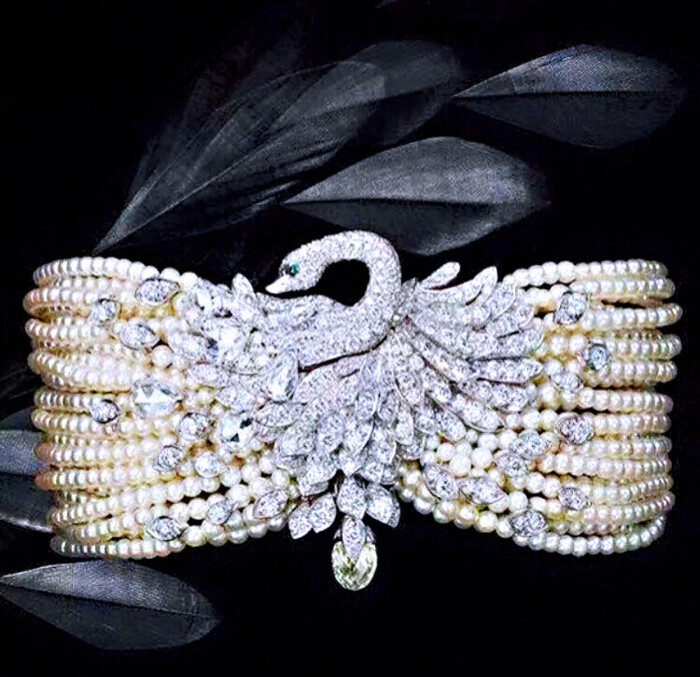 cartier 镶嵌钻石天鹅造型珍珠choker,1920年代