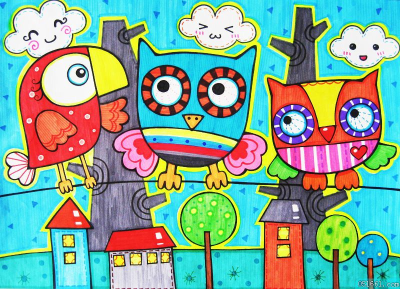 儿童画 创意 水彩笔 猫头鹰 青蛙 卡通 简笔画 线描 装饰