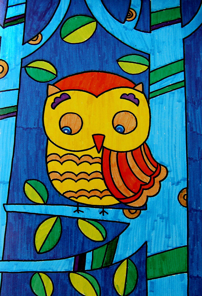 儿童画 创意 水彩笔 猫头鹰 青蛙 卡通 简笔画 线描 装饰