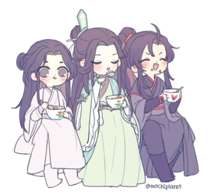 画师id mochiplanet 沈清秋魏无羡谢怜一起吃莲藕排骨汤