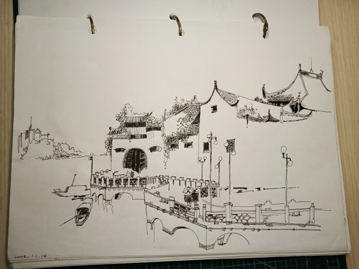 钢笔画,郑昌辉临摹,中国古建筑,古镇