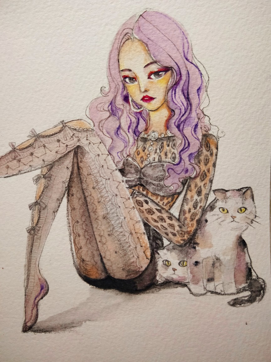 性感 少女 诱惑 蕾丝 水彩画