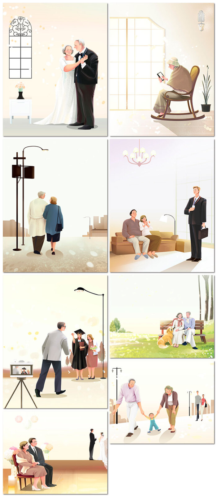 家人家庭温馨唯美爱人全家福插画老人情侣psd海报设计素材模板